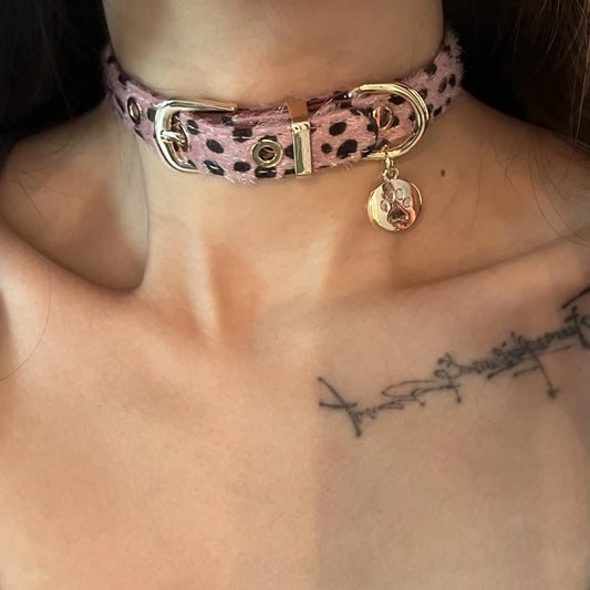 Y2k Sweet Cool Punk Puppy Footprint Tag, Leopard Pattern Horse Hair Choker Collar Leather Neck Belt Party Necklace