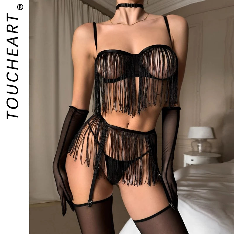 Toucheart Sexy Lingerie for Women Solid Color Tassel Patchwork Mesh See-through 5-piece Set Garters Women's Underwear Halter Bra