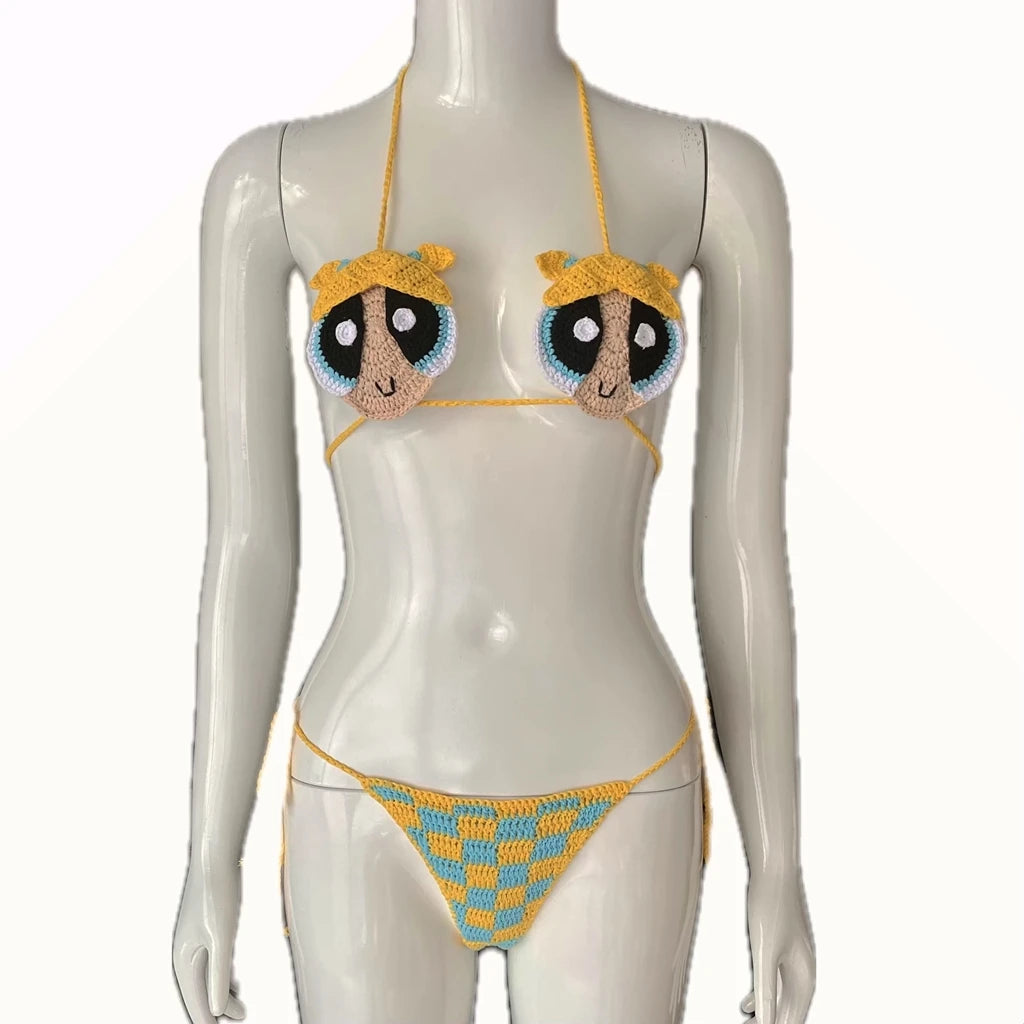 Red High Quality Handmade Crochet Micro Powerpuff Yellow Bikini Set Sexy String Brazil Beachwear Nice Cotton Holiday Swimwear