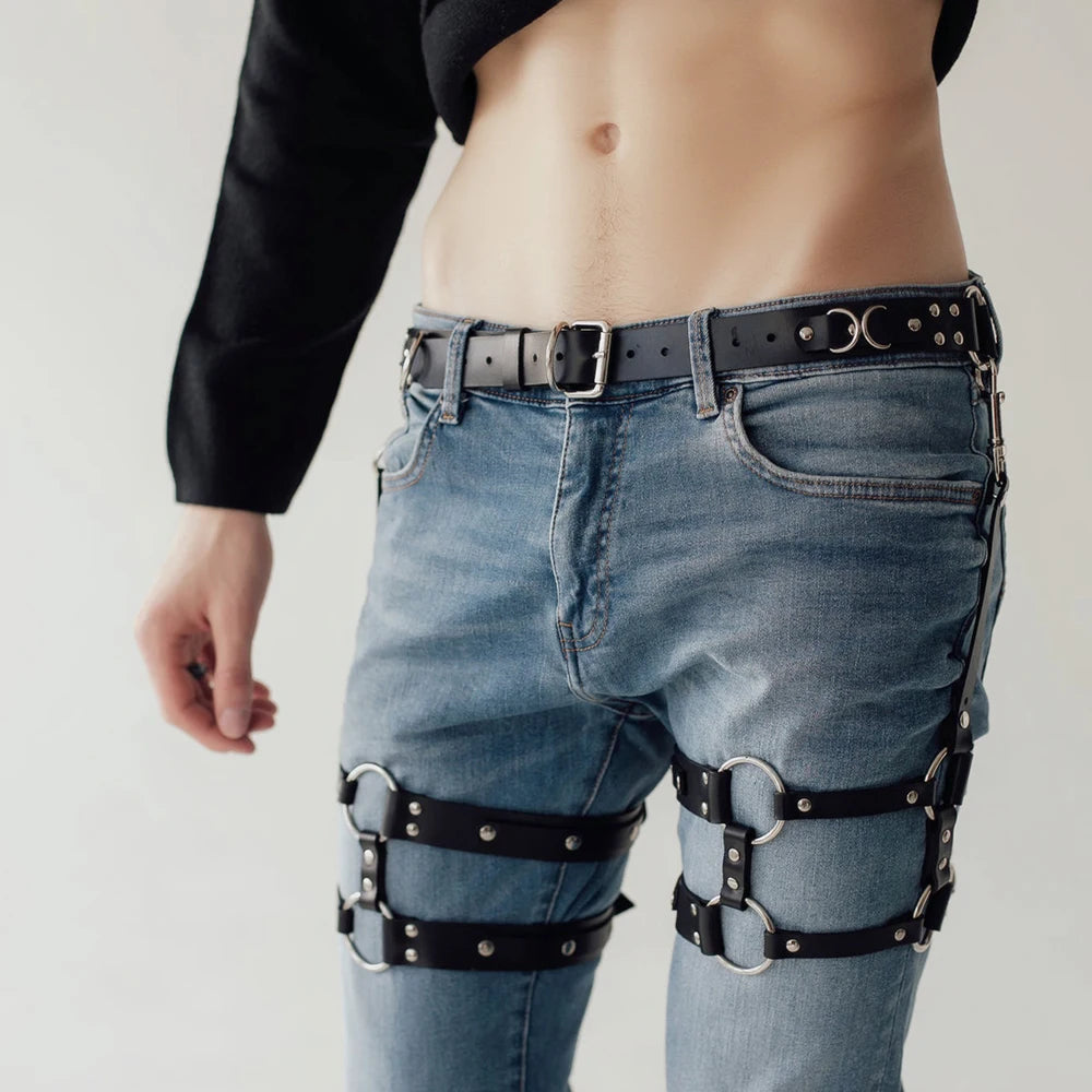 Fashion Men Sexy Punk Leather Suspenders Leg Harness Sissy Gay Thigh Harness Belt Men Pants Accessories Bdsm Bondage Suspenders