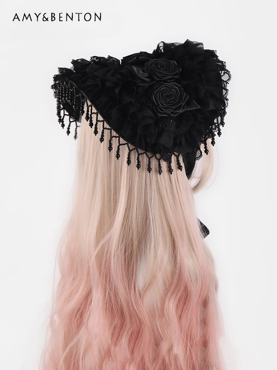 Original Handmade Gothic Dark Cosplay Lolita Hat Subculture Punk Style Black Pearl Fringed Lace Rose Hats Halloween Hat Women