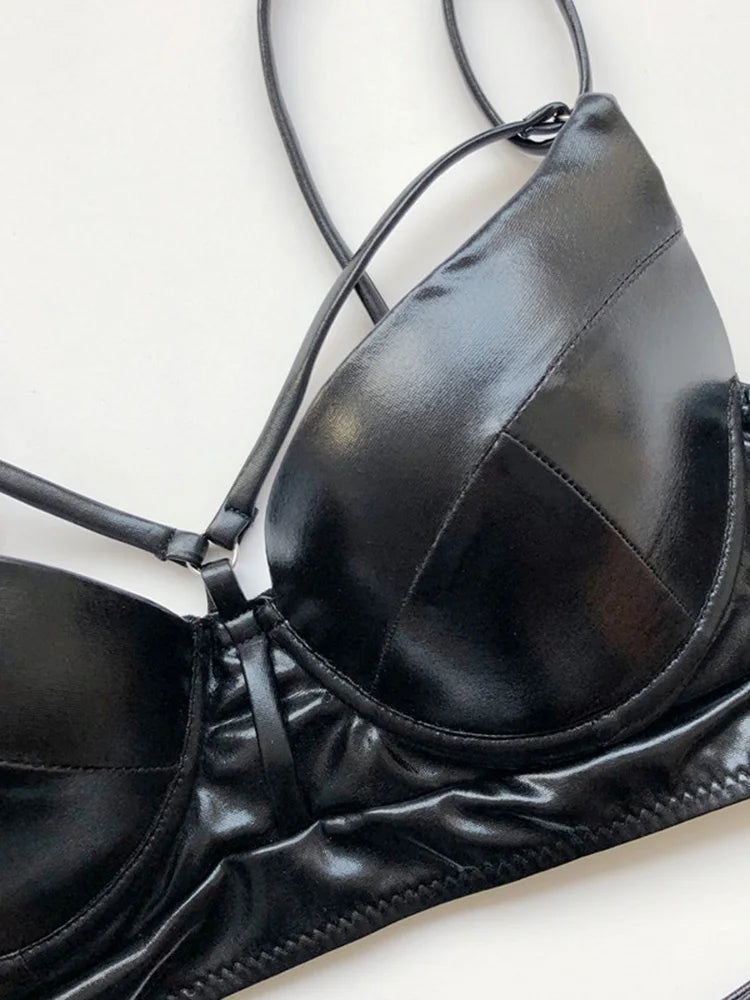 Shiny Faux Leather PU Bikini Women Swimsuit Bra cup