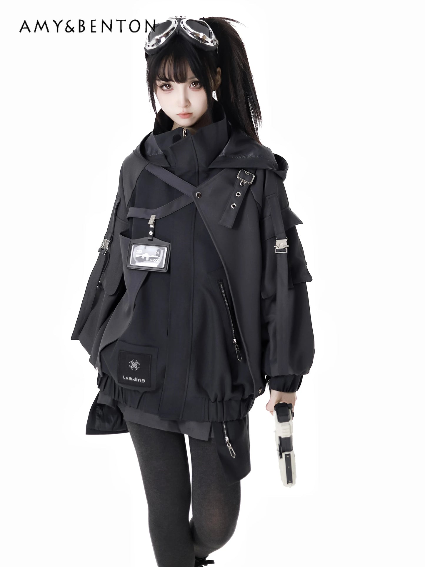 Gothic Splicing Mechanical Style Sets Sweet Cool Hooded Oversized Zipper Jacket Elastic Waist Casual Trousers Subculture Outfits