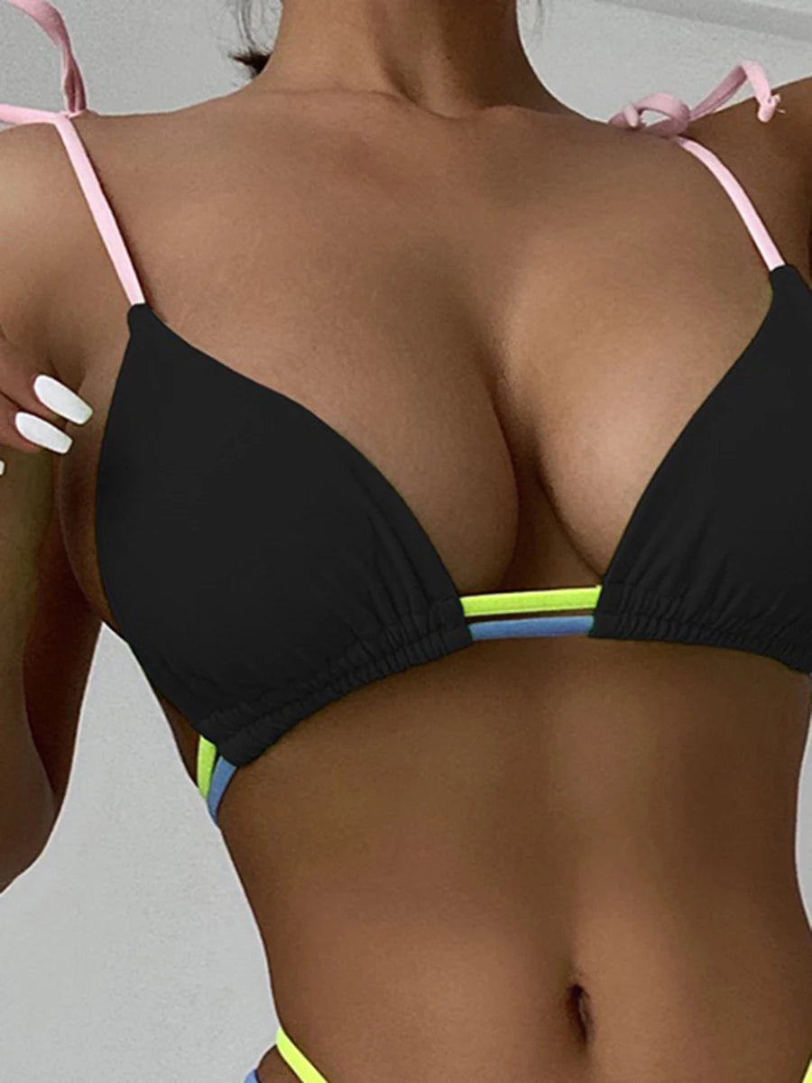 ASHBURNS 2025 String Triangle Strappy Thong Bikini Black Swimsuit Women Sexy Swimwear Female Bather Bathing Swimming Swim Suit Beachwear