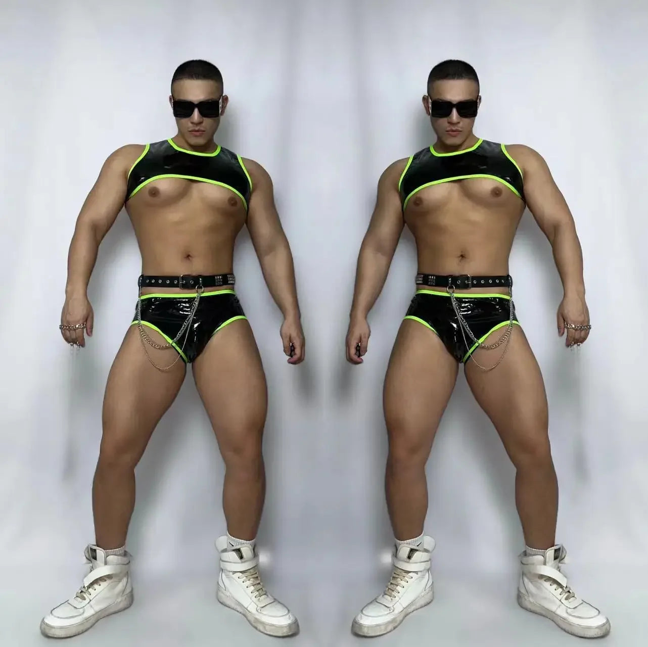 Chains Performance Clothes Club Party Show Rave Outfit DJ Nightclub Male Pole Dancing Costume Fluorescent PU Leather Bikini Belt