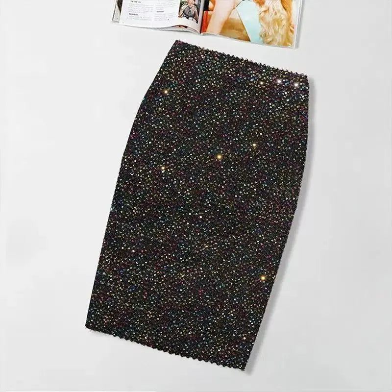 Sequin Bodycon Pencil Skirt Women Sexy High Waist Office Ladies Work Midi Skirt Spring Summer Solid Color