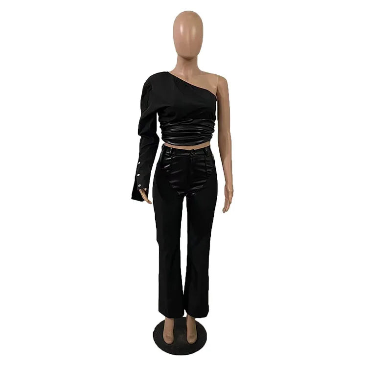 Women Two Piece Pant Sets Leather Spliced Long Pants Button One Shoulder Tops Irregular Patchwork Streetwear Slim Fits 2025