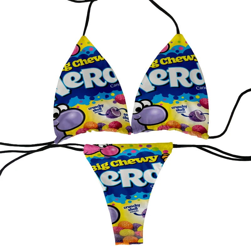 Funny food and potato chip print summer swimsuit women sexy bikini panties thong G-string swimming trunks beachwear