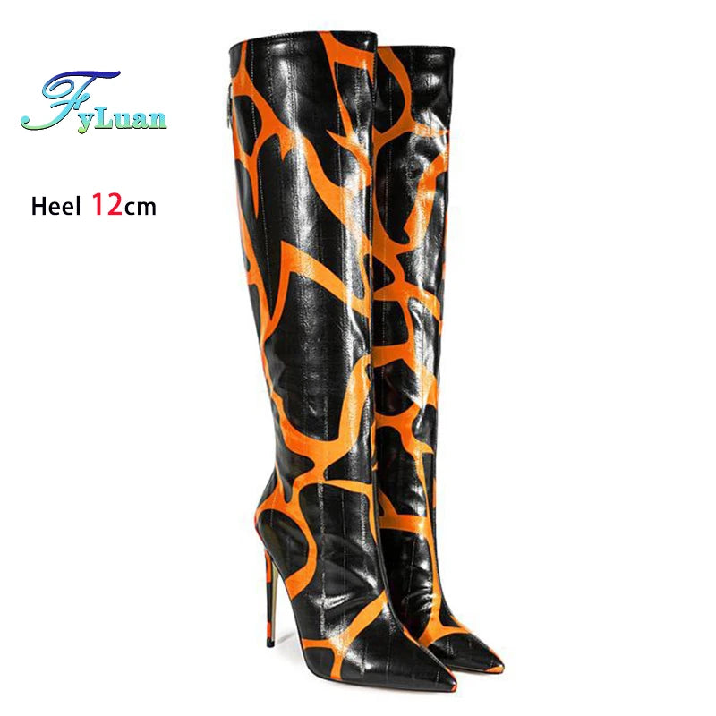 Fashion Print European and American Large Size Boots For Women 12CM High Heels Sexy Pointed Knee-High Boots Spring Autumn Shoes