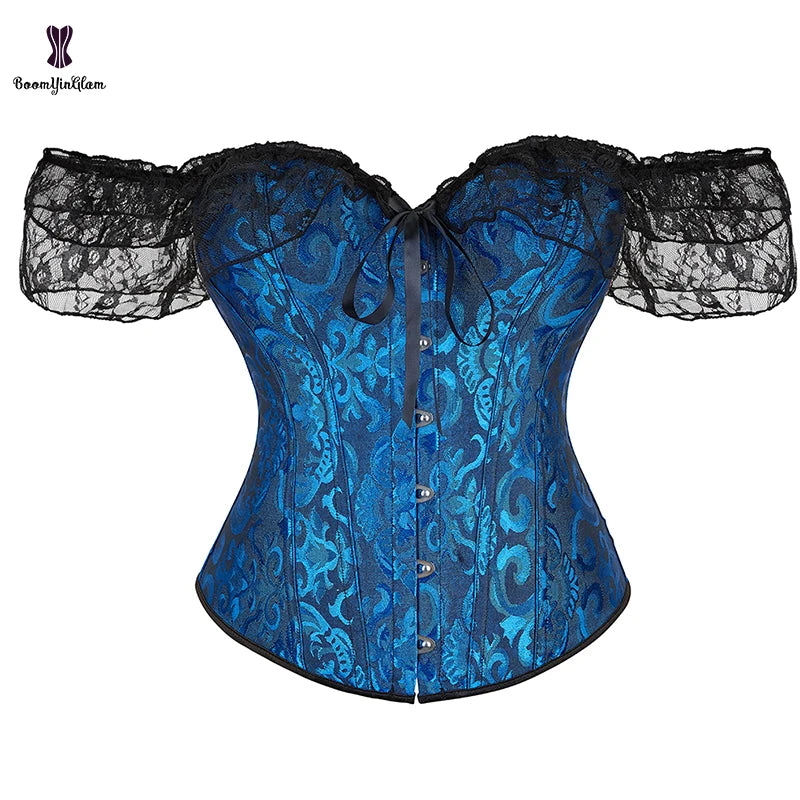 6 Brooches 12 Plastic Bones Victorian Korsett Women Pink Red Apricot Green Blue Brown Black Lace Corset Top With Sleeve