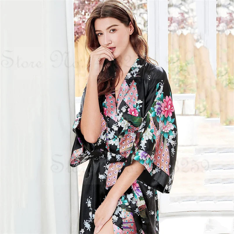 Women Long Robe Kimono Bathrobe Gown with Pockets Sexy Wedding Bride Bridesmaid Dressing Gown Oversize Satin Homewear Loungewear