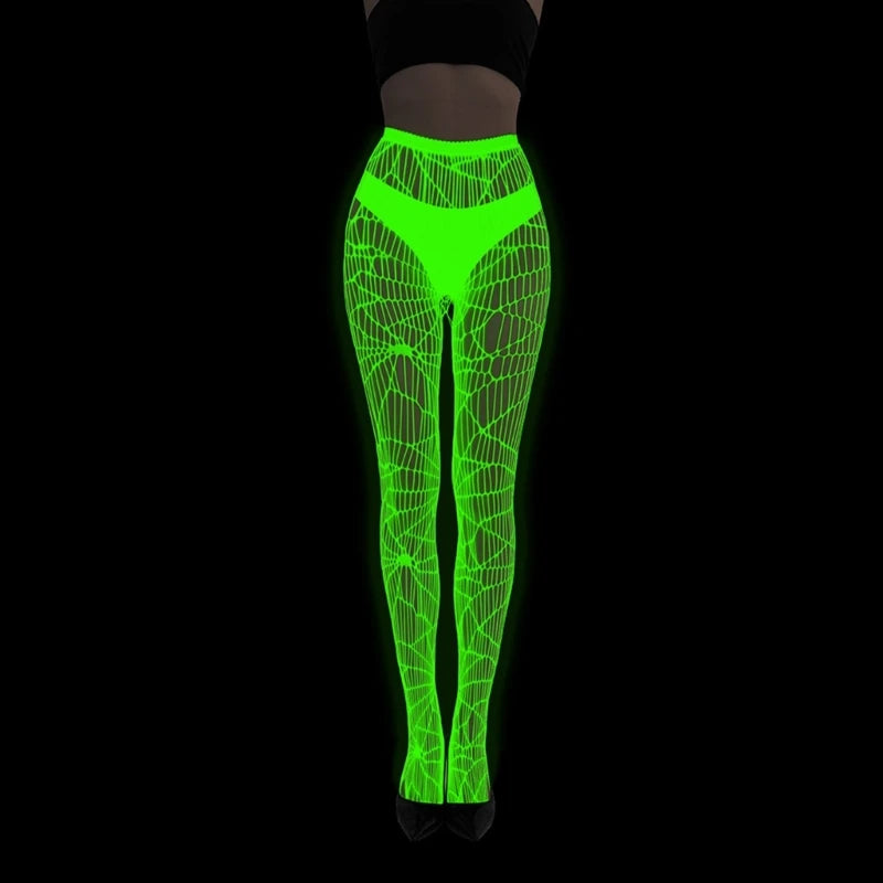 Women Glow in Dark Halloween Fishnet Pantyhose Luminously Spiderweb Skull Pattern Mesh Tights Stockings Party Hosiery