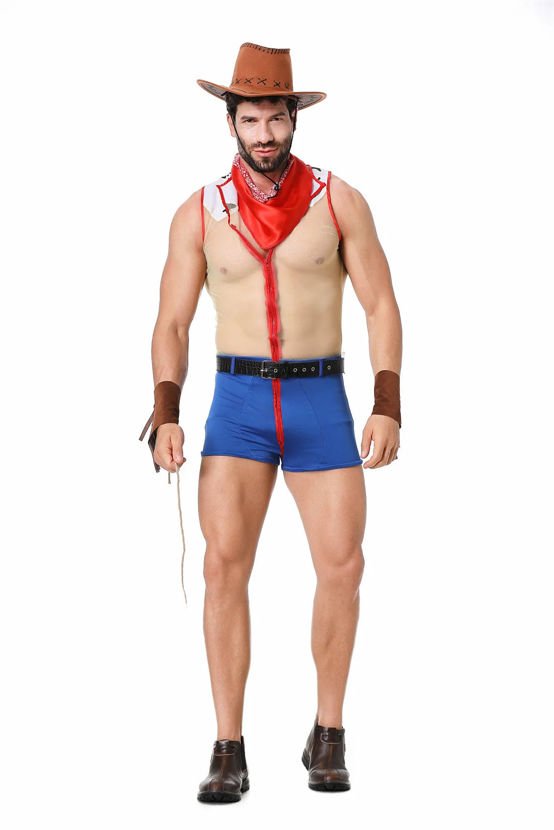 Sexy Mens Firefighter Bodysuit Mesh See Through Underwear Faux Leather Clown Cosplay Costume Nightclub Cowboy Uniform Hat Set