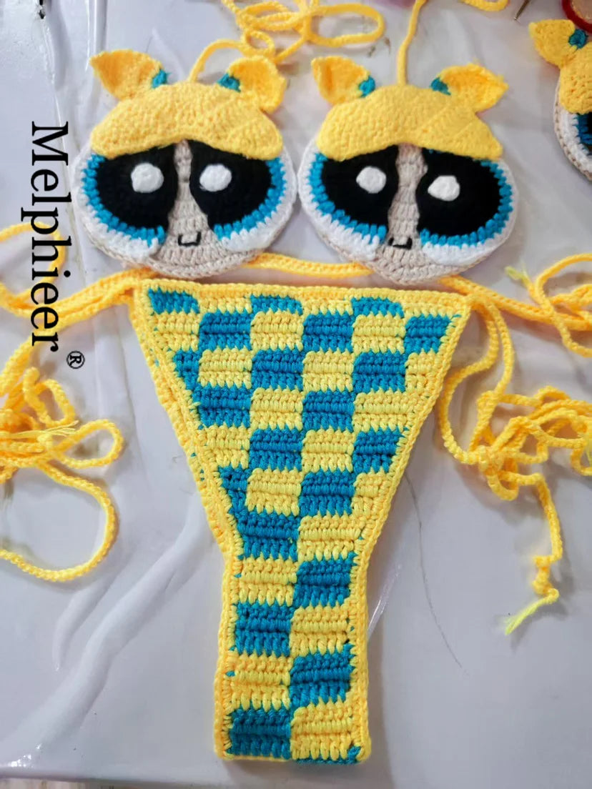 The Powerpuff Girls Creative Handmade Bikini for Women 2 Piece Swimwear Beachwear Stunning Cute Crochet Swimsuit Gifts Bikinis