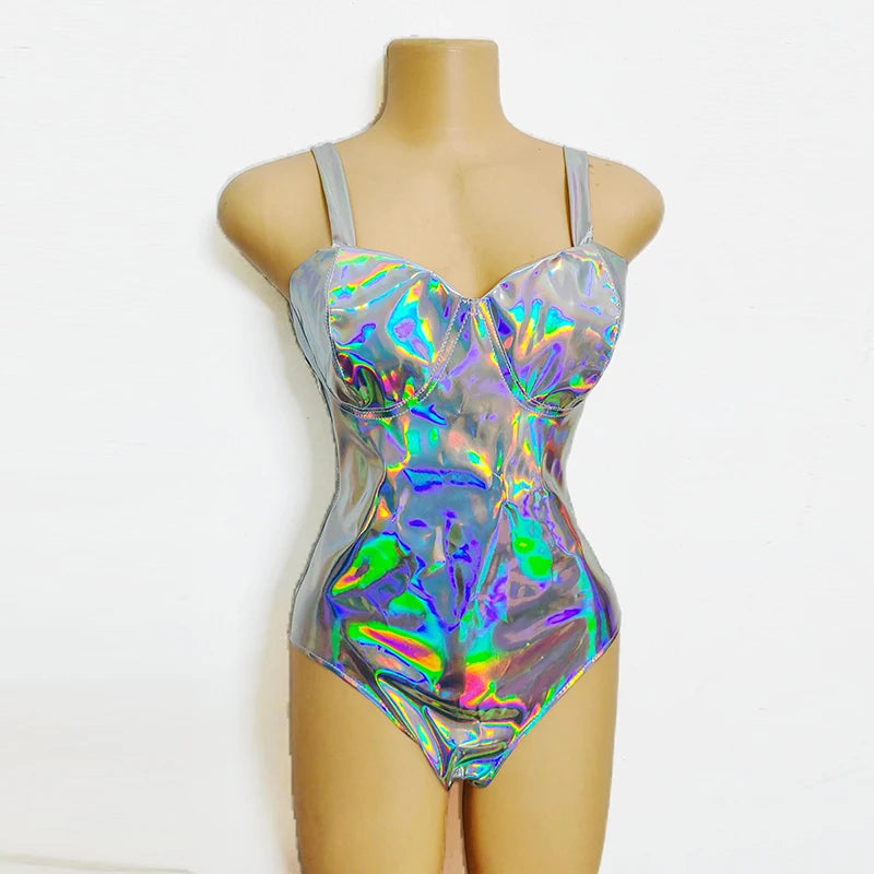 ASHBURN™ Holographic Embroidered Bodysuit & Skirt Set – Laser Clubwear for Festival + Stage Seduction