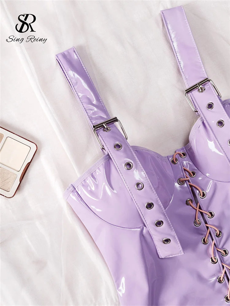 SINGREINY Leather Erotic Cosplay Underwear Bodysuits Rabbit Girl Sleeveless Playsuit Fashion Lace Up Slim Women Lingerie Rompers