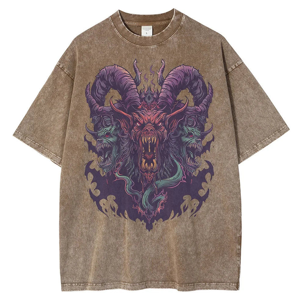 Cotton Distressed Batik Washed Graphic T-shirts Hell Demon Beast Printed T-shirt Drop Shoulder Vintage Oversized T-shirt 230GSM