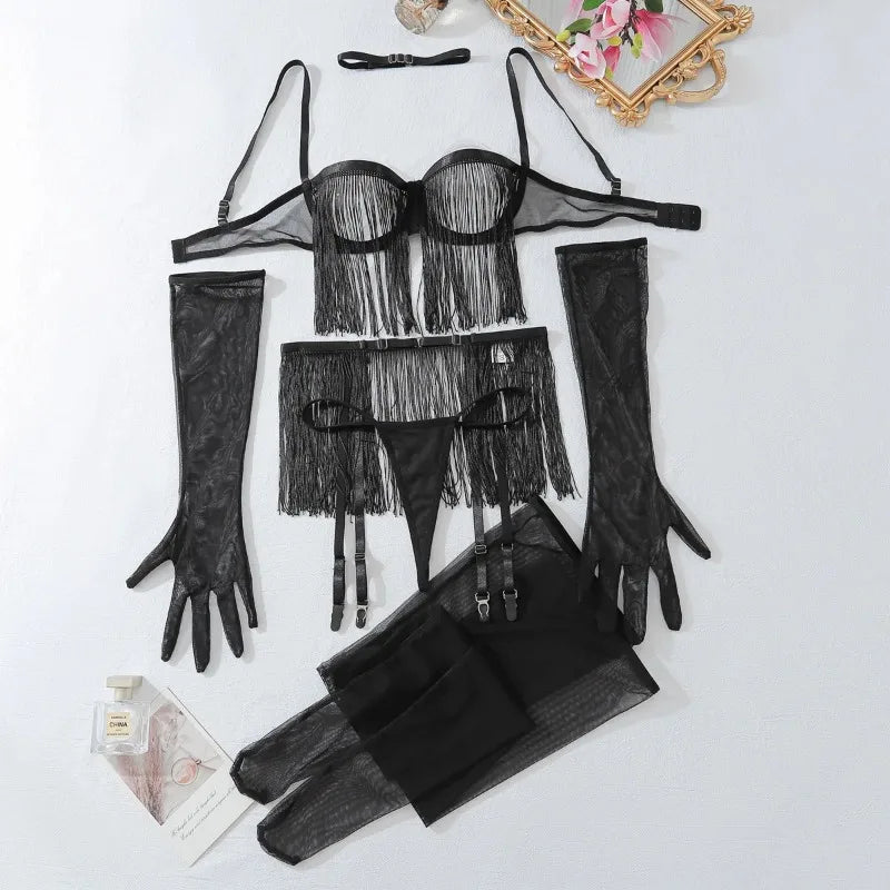 Toucheart Tassel Porn Erotic Lingerie 8-Piece Transparent Ultra Sexy Adult Costume with Garter Outfit Call The Night Sex Suit