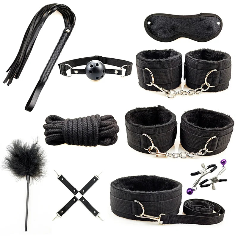 Adult Products Sextoy BDSM Bondage Set Handcuffs Whip Anal Plug Collar Gag Rope Leather Restraint Kits Sex Toys for Couples