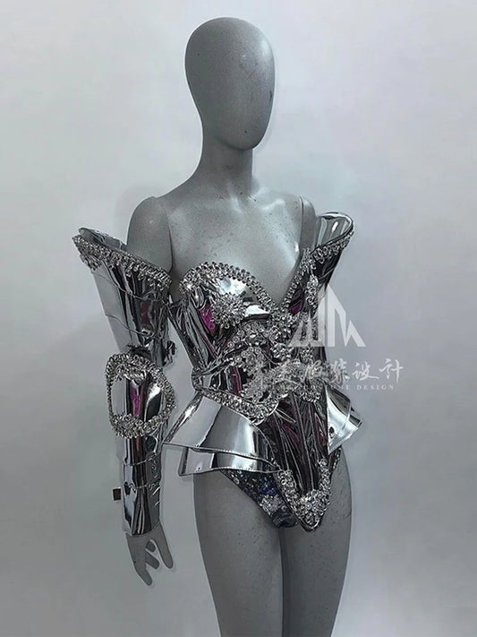 Drag Queen Outfit Off Shoulder Silver Bodysuit Mirror Stage Costume Women Gogo Dancer Clothes Festival Party Show Rave Wear  yk