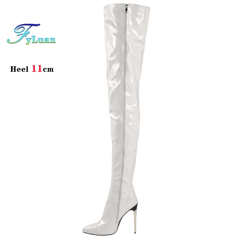 Size 35-48 Over-the-Knee Boots For Woman Patent Leather Nightclub Long Shoes 11CM Women Thigh Boots Stripper Heels Botas Mujer