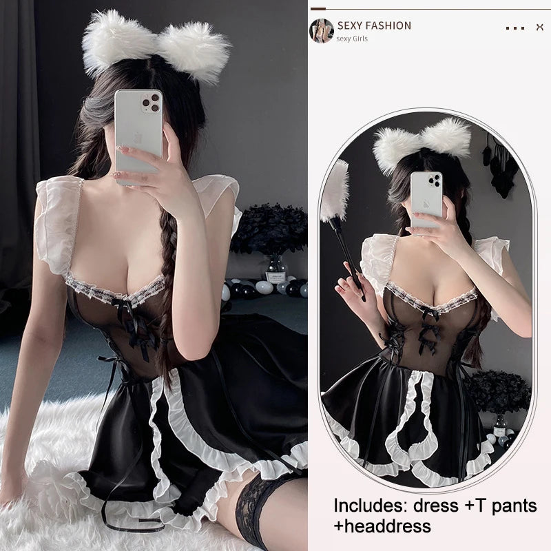 Maid Dress Cosplay Costumes Women Sexy Lingerie Perspective Erotic Underwear Sweet Uniform Skirt Maid Lace Outfit Porno Suit