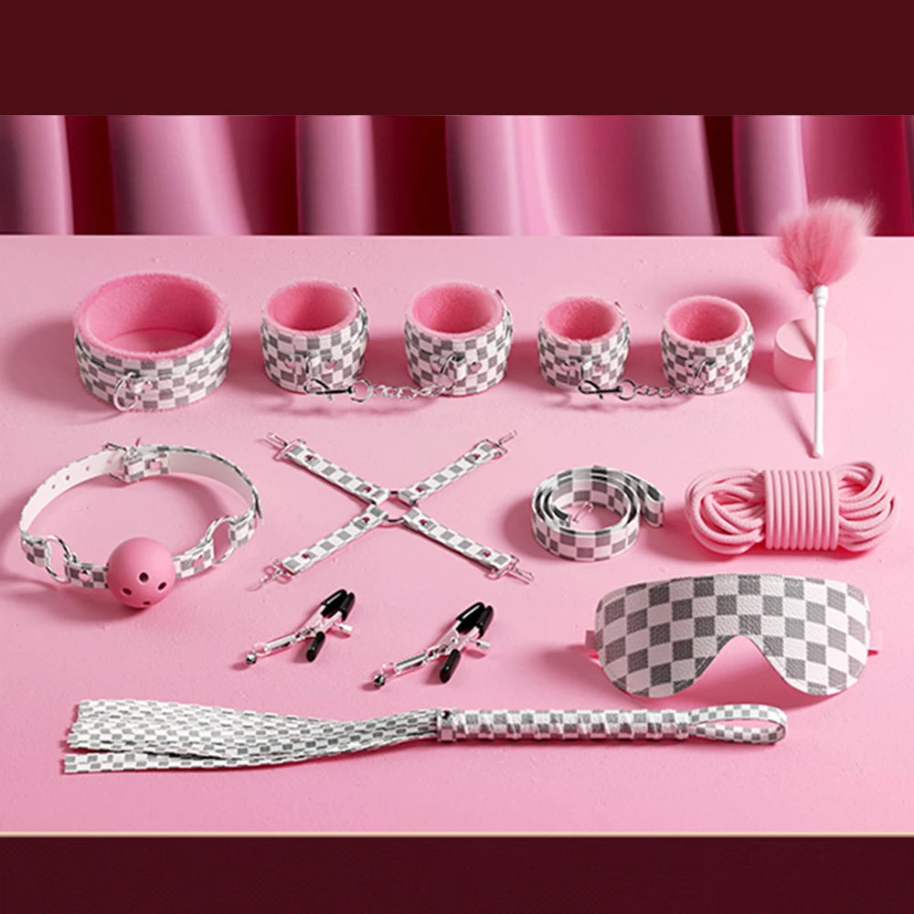 Exotic Bed Bondage Set BDSM Kits Exotic Sex Toys For Adults Games Leather Handcuffs Whip Gag Nipple Clamps Women Sex Products