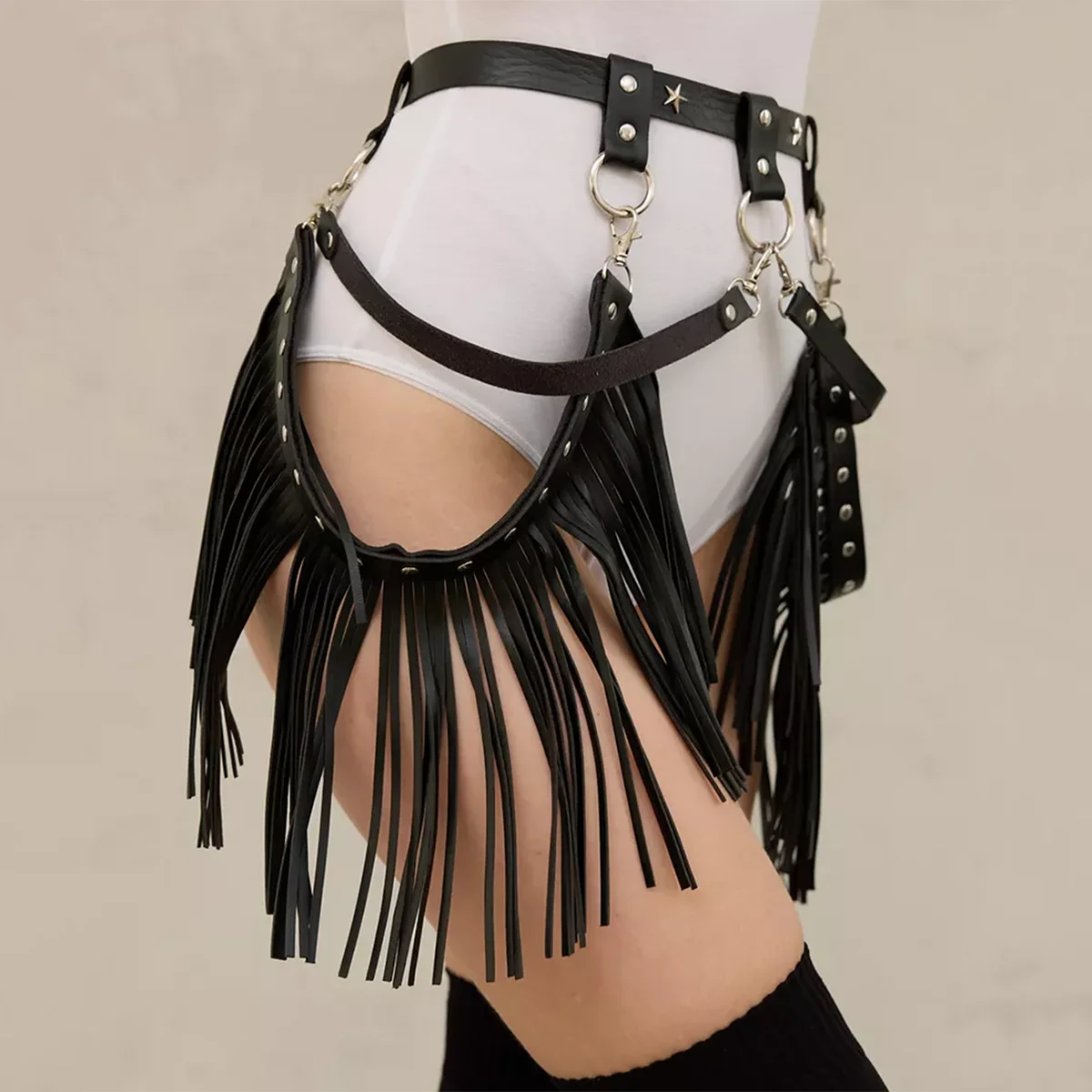 Women Fashion Leather Harness Waist Belt Tassels Short Leather Skirt Pu Leather Decorative Waist straps Goth Clothing Accessorie