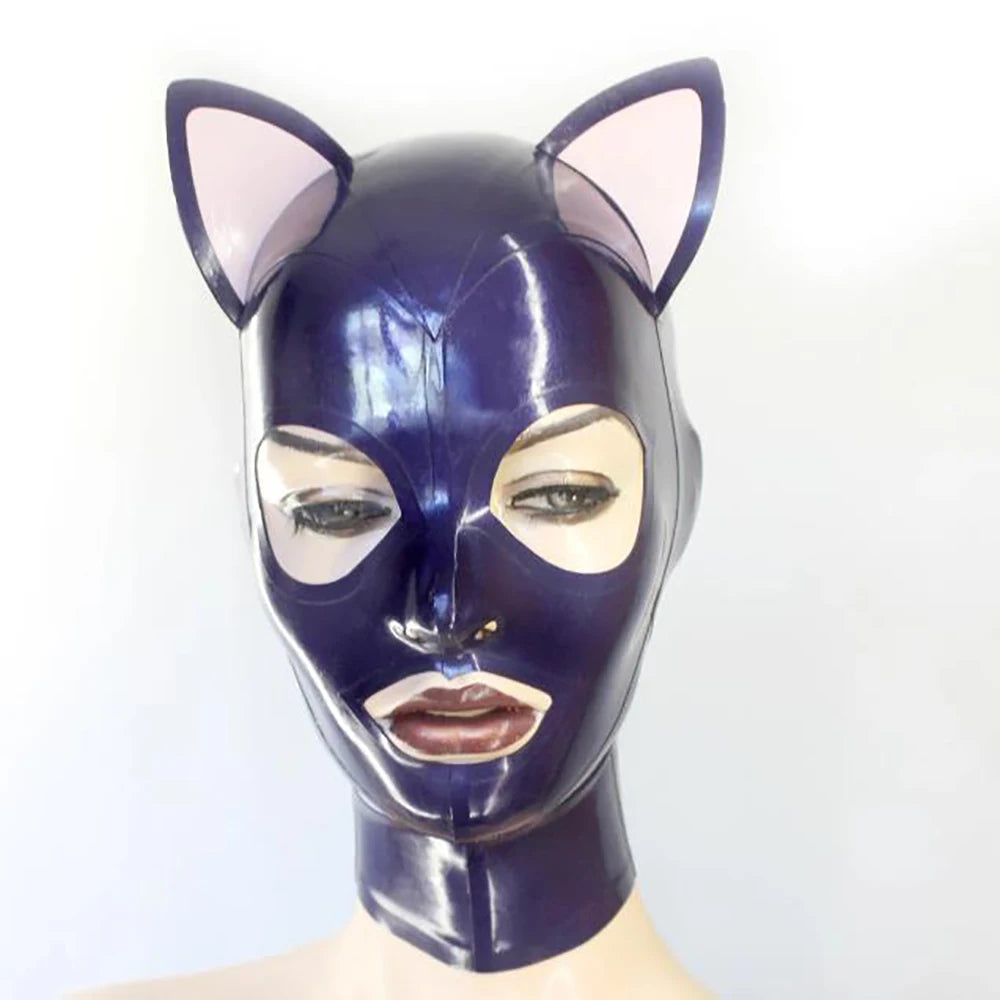 Adult Latex Hood Mask with Pink Cat Ears Back Zipper Rubber Head Mask Pretty Women Cosplay Costumes Props