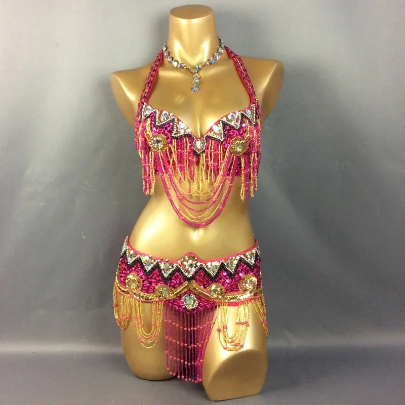 Sexy Belly Dance Costume Set Bra + Belt 2 Piece Set Belly Dancing Costume for Women's 34D/DD,36D/DD,38/D/DDD,40B/C/D,42D/DD