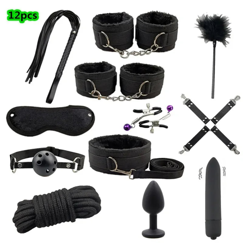Adult Products Sextoy BDSM Bondage Set Handcuffs Whip Anal Plug Collar Gag Rope Leather Restraint Kits Sex Toys for Couples