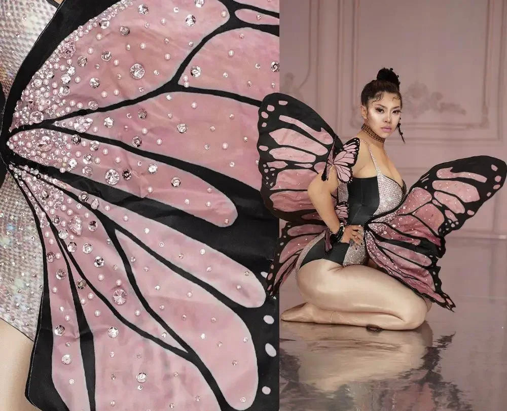 Pink Butterfly Wings Rhinestones Bodysuit Dance Costume Women Party Show Performance Stage Wear Halloween Cosplay Costume