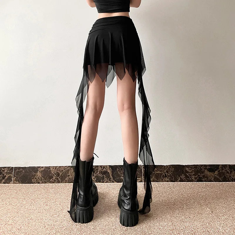 Goth Dark 2000S Aesthetic Irregular Hem Short Skirt Gothic Fashion High Waist Slim A-Line Skirts E-girl Streetwear Mesh Bottoms