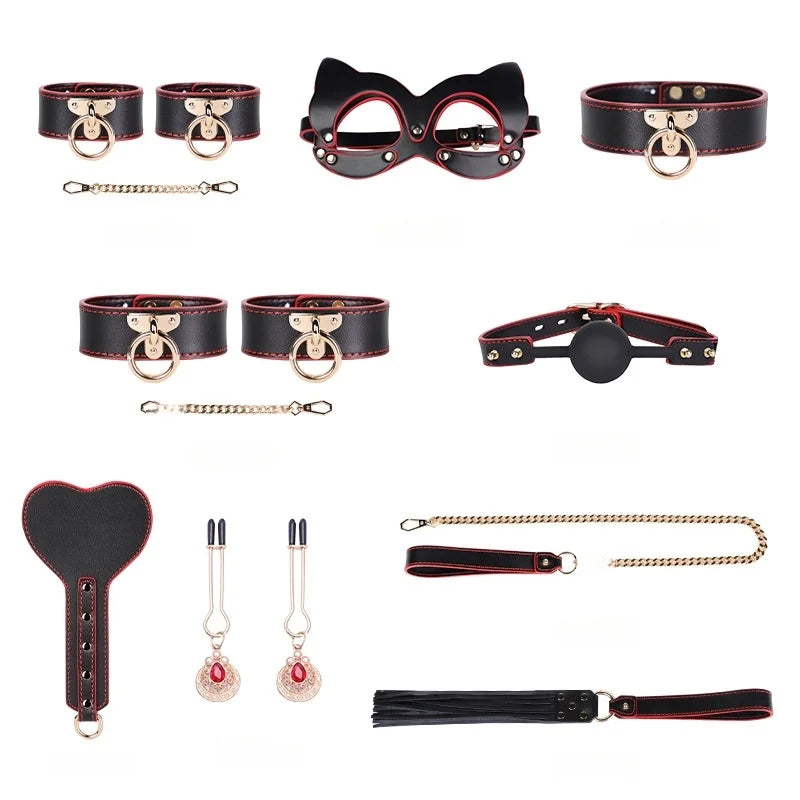 Genuine Leather BDSM Bondage Set - High Quality Fetish Handcuffs, Collar, Gag & Whip for Women, Couples Adult Erotic Sex Toys