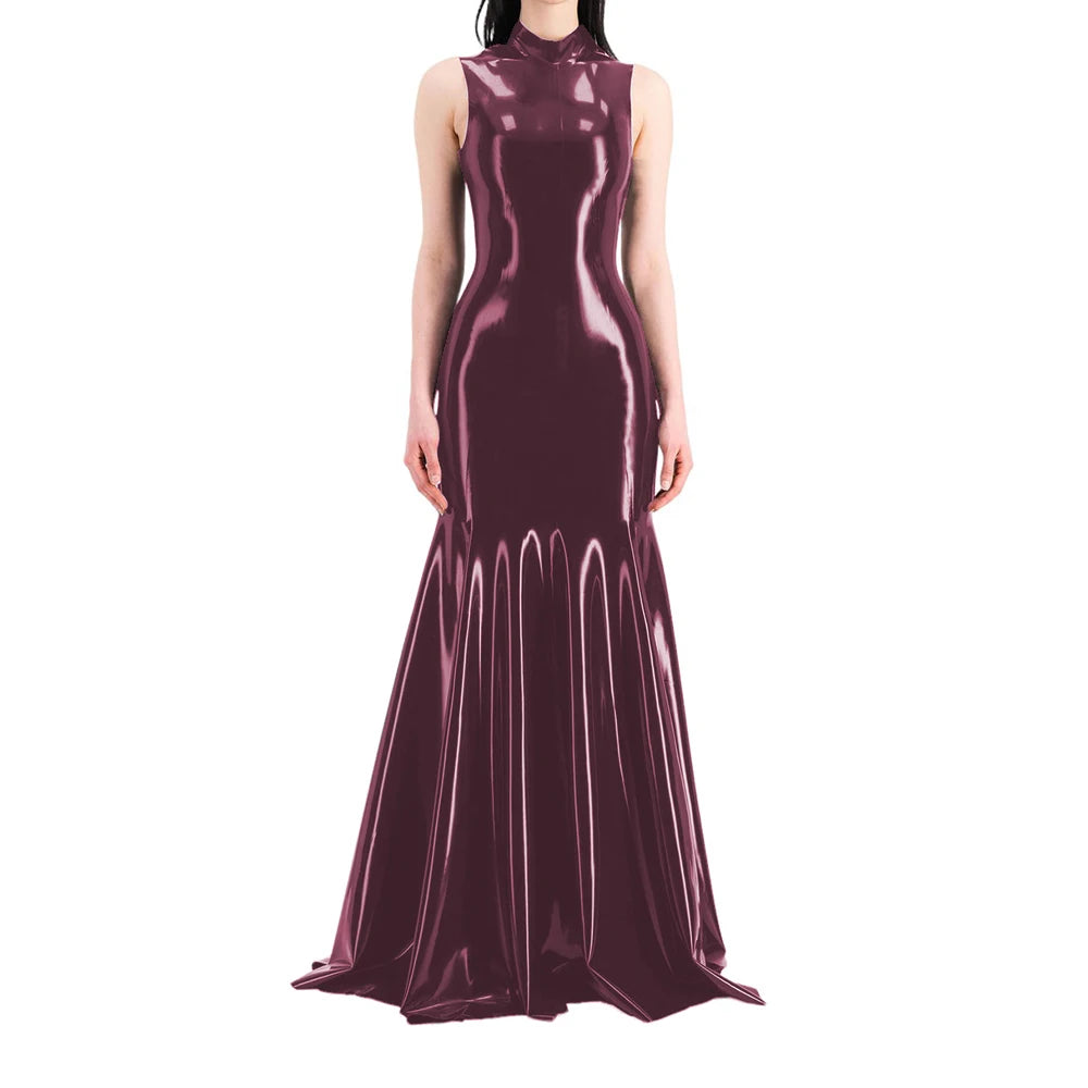 Women's Sleeveless Half High Neck Wet Look PVC Maxi Dress, Faux Latex Mermaid Floor-Length Dress, Party Club Fetish Outfit,