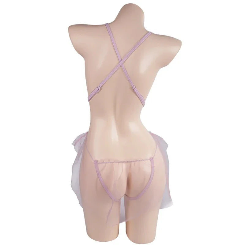 Sexy Bride Wedding Gown Veil Pajamas Cosplay Costume Women Embroidery Lace Flower Bodysuit See Through Girls Role Play Underwear