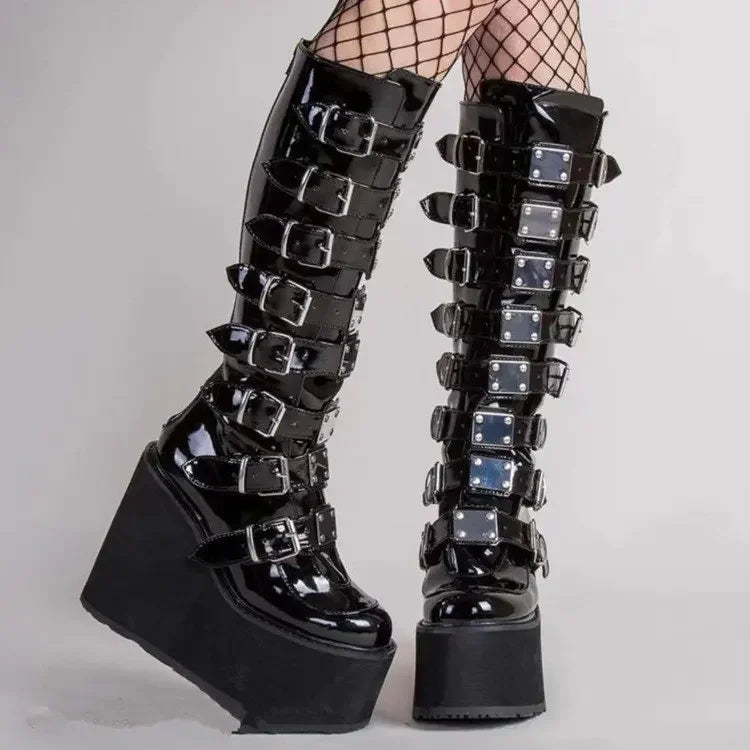 Women's Cosplay Boots Multi-row Belt Buckle Long Tube Leather Knight Boot Punk Gothic Classic Black High Heel Shoes Knee-High