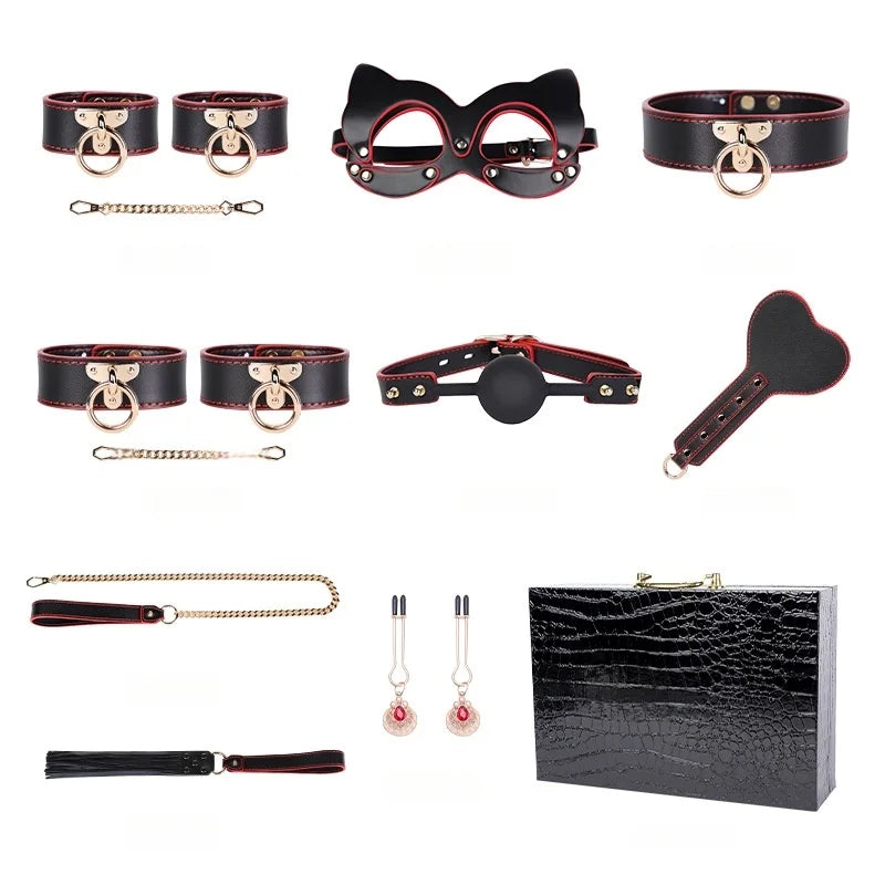 Genuine Leather BDSM Bondage Set - High Quality Fetish Handcuffs, Collar, Gag & Whip for Women, Couples Adult Erotic Sex Toys