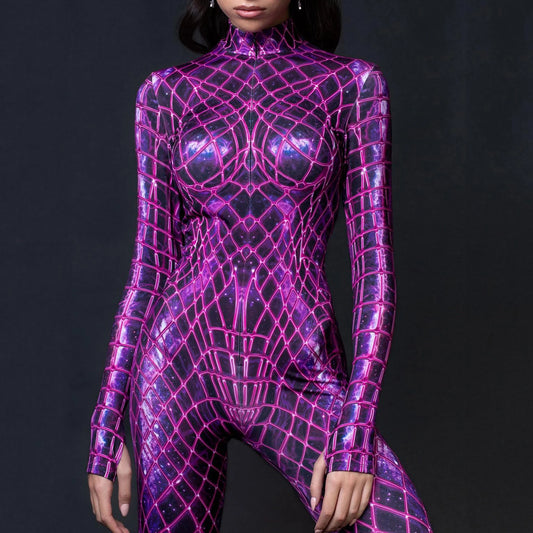 Sexy Net Pink Line Bodysuit Punk Gothic Women Cosplay Jumpsuit Carnival Slim Zentai Suit Costume Festival Theme Party Catsuit