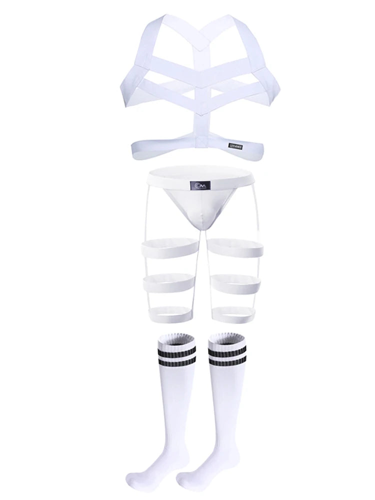 CLEVER-MENMOD Men Sexy Porn Halterneck Chest Briefs Stockings Set Jockstrap BDSM Harness Lingerie Exotic Sissy 18+ Adult Costume
