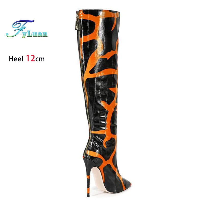 Fashion Print European and American Large Size Boots For Women 12CM High Heels Sexy Pointed Knee-High Boots Spring Autumn Shoes