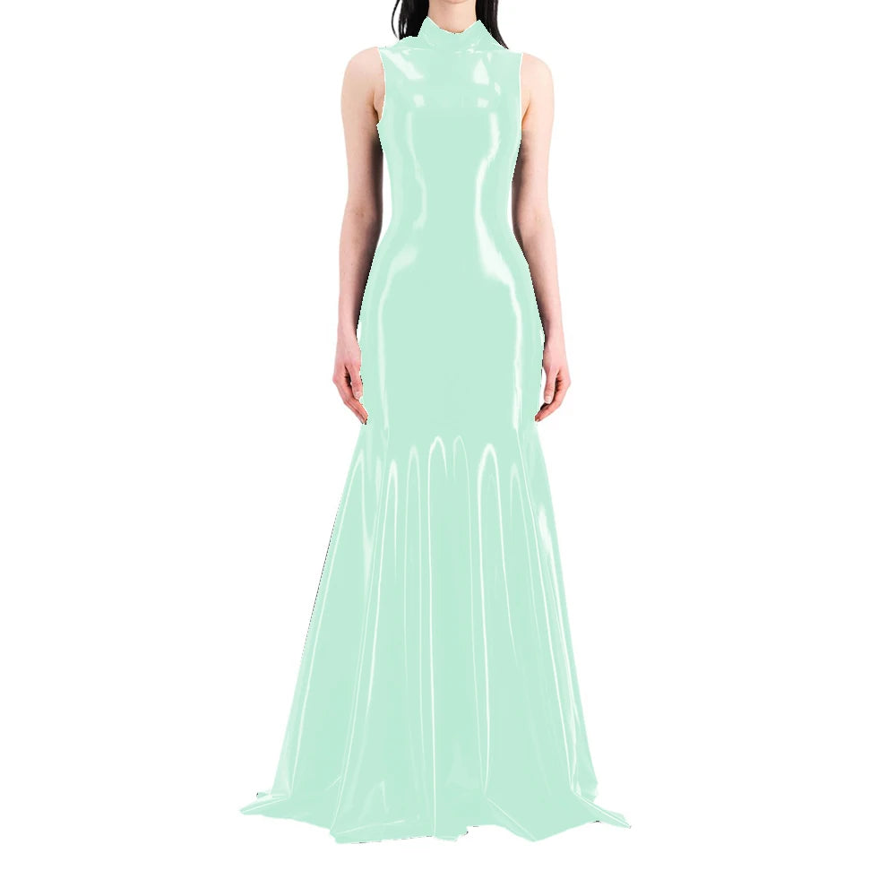 Women's Sleeveless Half High Neck Wet Look PVC Maxi Dress, Faux Latex Mermaid Floor-Length Dress, Party Club Fetish Outfit,