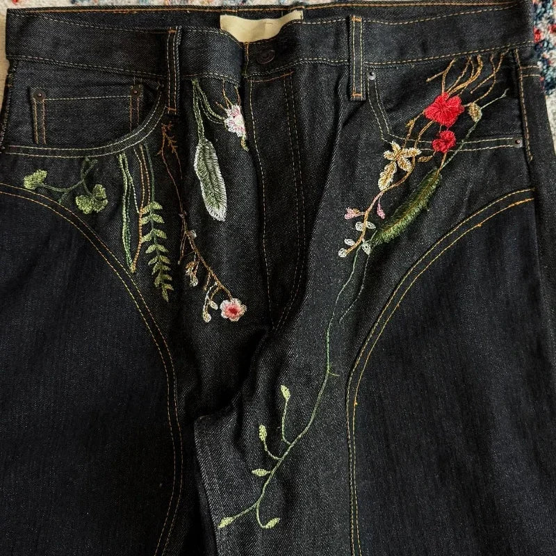 Y2K Floral Baggy Jeans Retro Blossom Embroidery Streamlined Unisex Streetwear Gothic High Street Oversized Wide Leg Men Pants