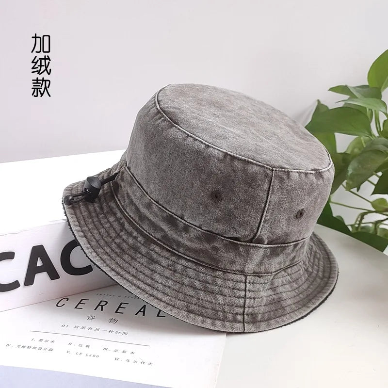 Bucket Hats with Thin Fleece Lined for Men and Women, Oversized Caps, Cotton Stone Washed, Big Head, XXXL, 59-62cm, 63-64cm