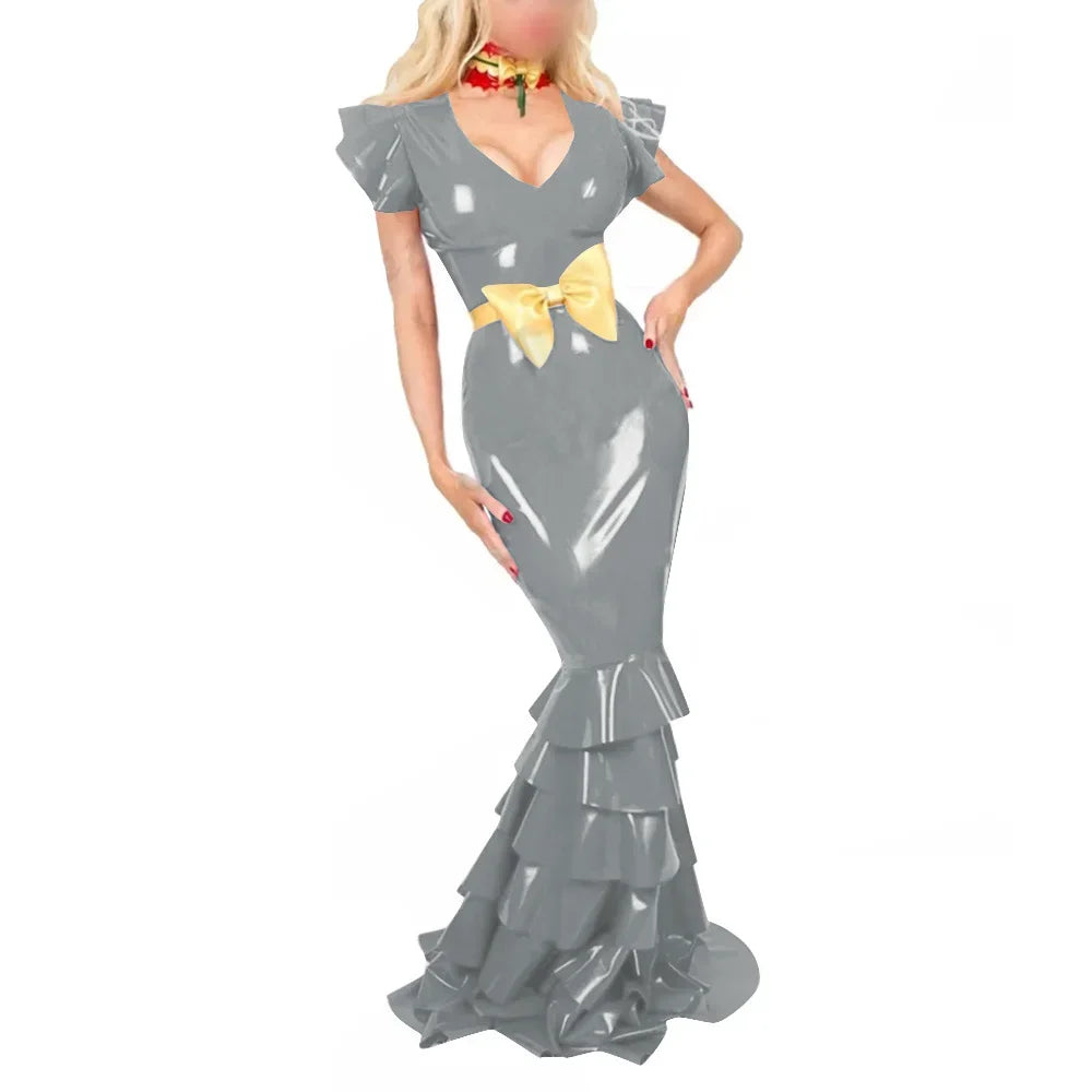 Plus Size Sexy V Neck Hobble Dress Vestido PVC Leather Short Sleeve Slim Ruffled Design Bodycon Maxi Dress Banquet Venue Gown