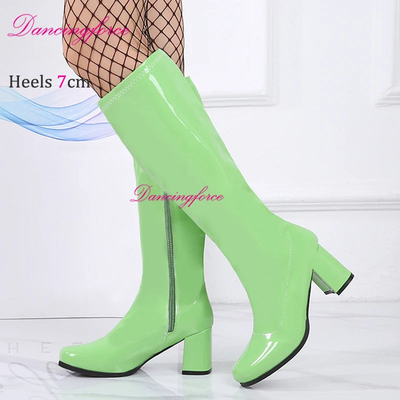 Orange Sexy Retro 60s 70s Gogo Boots 7cm Chunky Block Heel Club Knee High Boots CrossDressing Unisex Shoes Women
