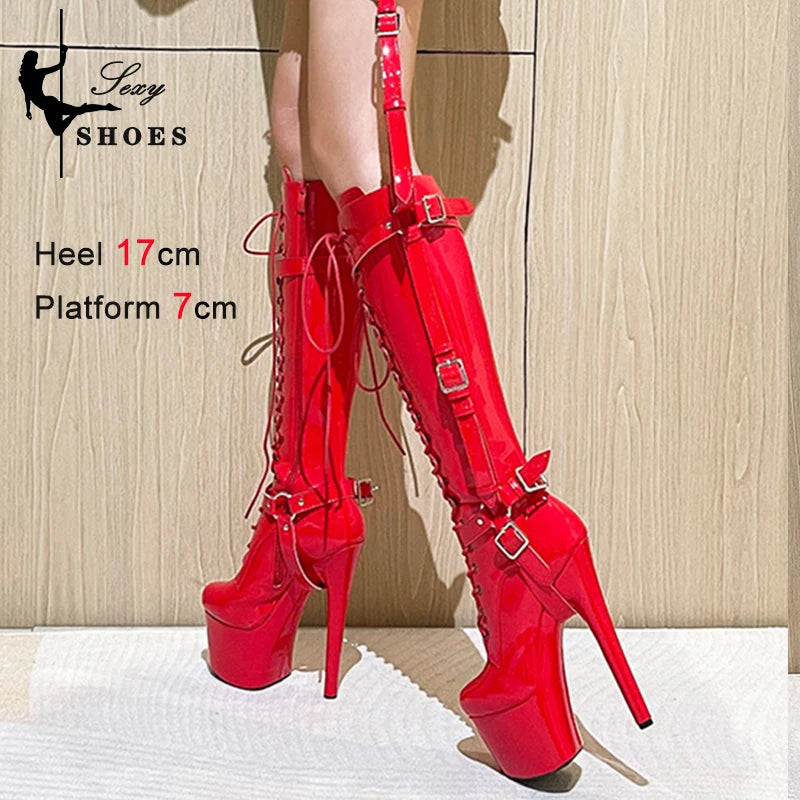 Women Erotic Red T-tied Knee-High Boots Pole Dancing Fashion Boots Zip Stiletto Gothic Fetish Long Boots Stripper Shoes