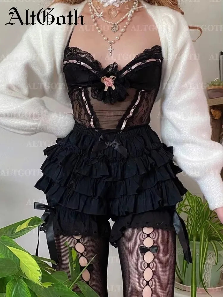 AltGoth Hotsweet Y2k Shorts Women Pastel Goth Streetwear Harajuku Aesthetic Fairycore Grunge Bow Lace Patchwork Shorts Female