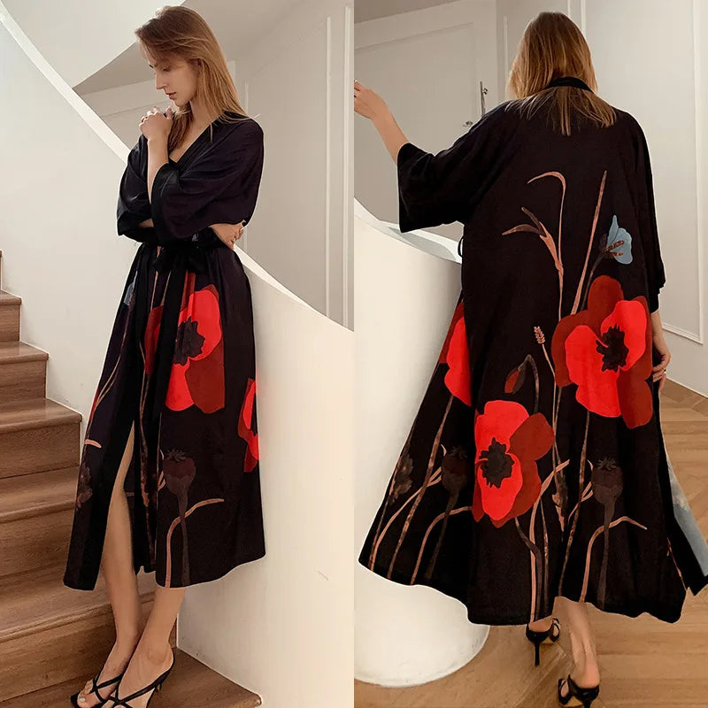 Oversize Long Robe Spring Summer Women Sleepwear Kimono Bathrobe Gown Sexy Satin Nightwear Nightgown Loose Home Dressing Gown