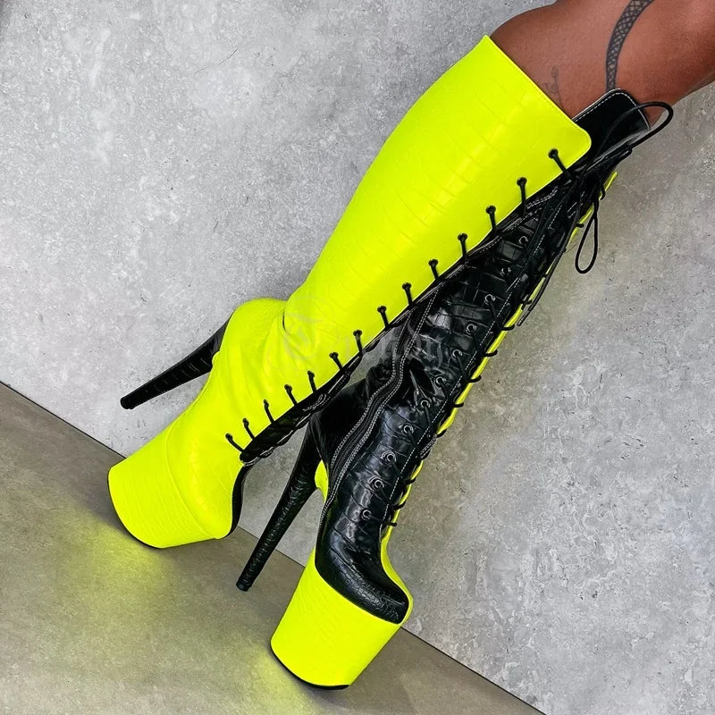 Neon Yellow Black Stiletto Knee Boots High Platform Woman Round Pole Dance Man Plaid Leather Hot Chick Booties Nightclub Shoes